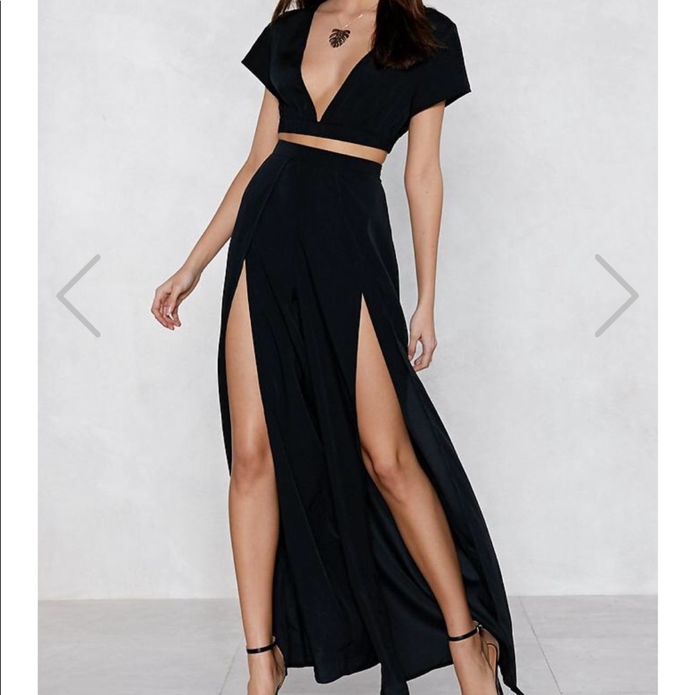 Black crop top and slit pant set